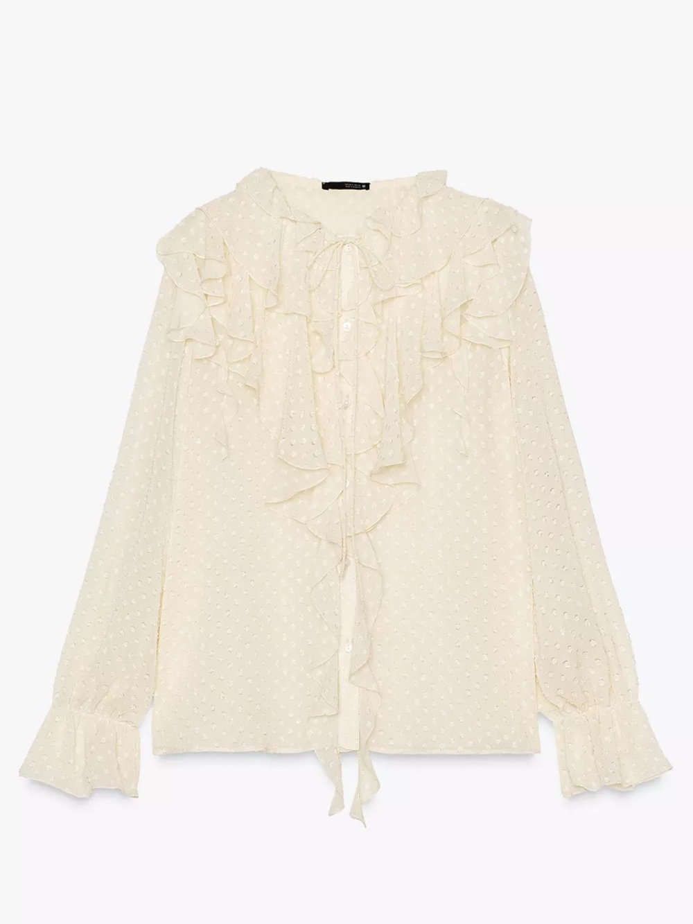ZARA Ruffled Tie-Neck Swiss Dot Blouse — Cream